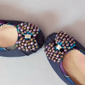POETIC LICENCE Please Me Denim Intricate Beaded Jewel Bows Ballet Kitten Heels